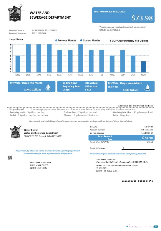 USA Ohio City of Detroit water business utility bill template in Word and PDF formats